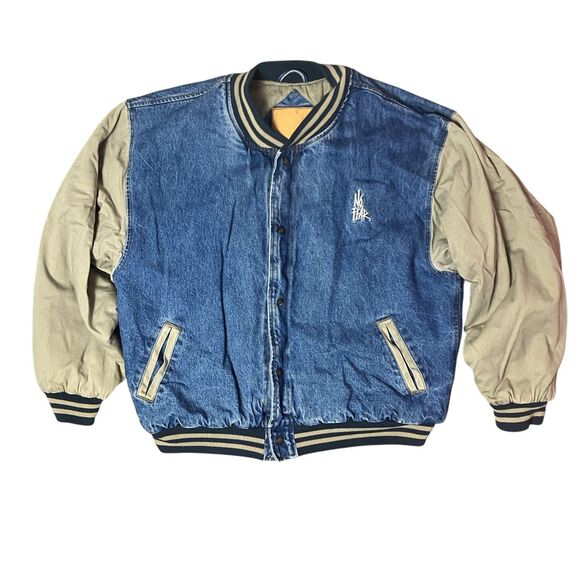 No Fear Varsity Jacket Mens L Denim Blue Beige Sleeve 90s Y2K Streetwear Retro - Picture 13 of 13